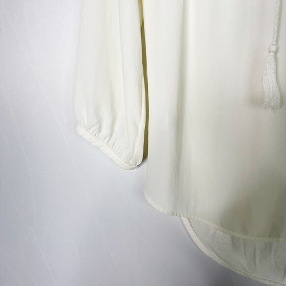 LOFT Ivory XSmall XS Tie Front Blouse Top Quilted Detail Yoke 3/4 Sleeve - Picture 5 of 8